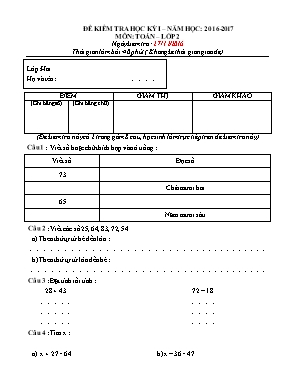 Đề kiểm tra học kì I Toán lớp 2 (Kèm đáp án) - Năm học 2016-2017